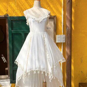 White Boho Dress Tassel Detail Cottage Core